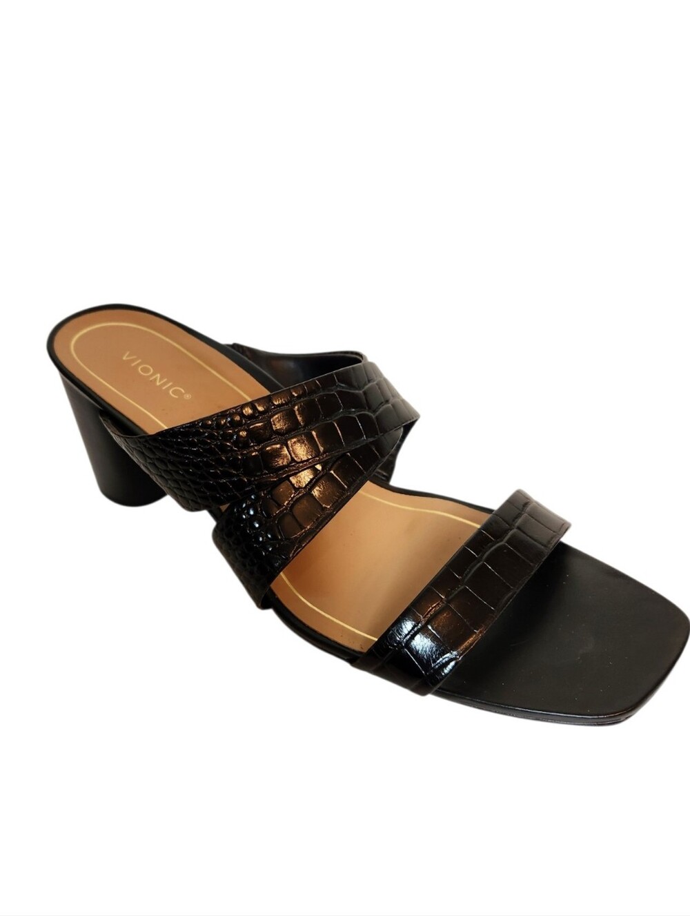Vionic Merlot Slide Sandal Black Croc Embossed Leather Size 13